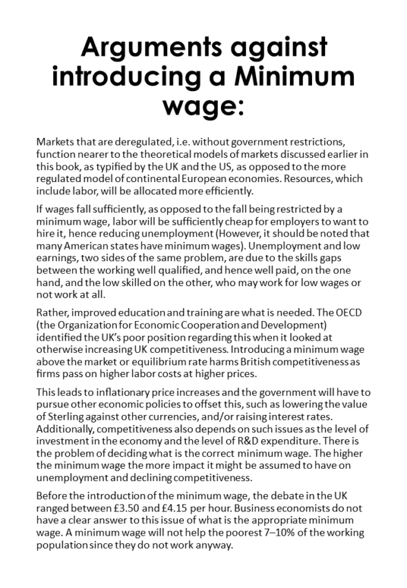 Arguments against introducing a Minimum wage