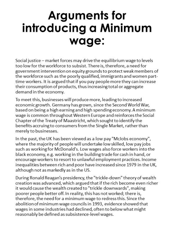 Arguments for introducing a Minimum wage